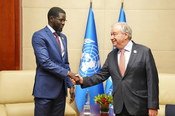 Sommet UA : Le Président Faye rencontre le SG de l'ONU et le Président sortant de la Commission de l'UA, Moussa Faki Mahamat.